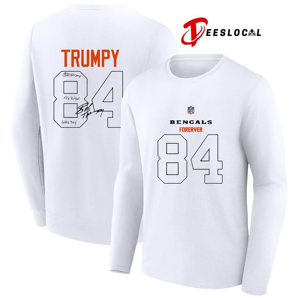 Cincinnati Bengals forever RIP Bob Trumpy 84 signatures name and number shirt