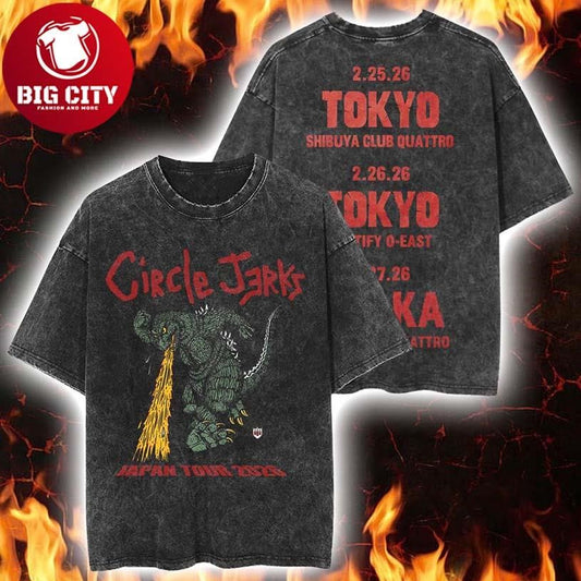 Circle Jerks Japan Tour 2026 Merch Godzilla With Dates Vintage Washed Two Sided Shirt