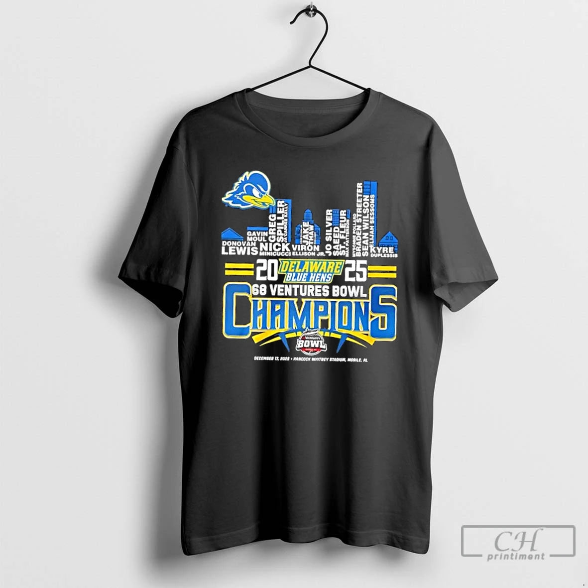 Classic 2025 68 Ventures Bowl Champions Delaware Blue Hens All Names City Skyline T Shirts - clothing by TeeHivey.com