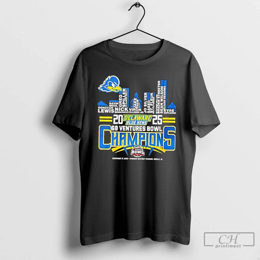 Classic 2025 68 Ventures Bowl Champions Delaware Blue Hens All Names City Skyline T Shirts - clothing by TeeHivey.com