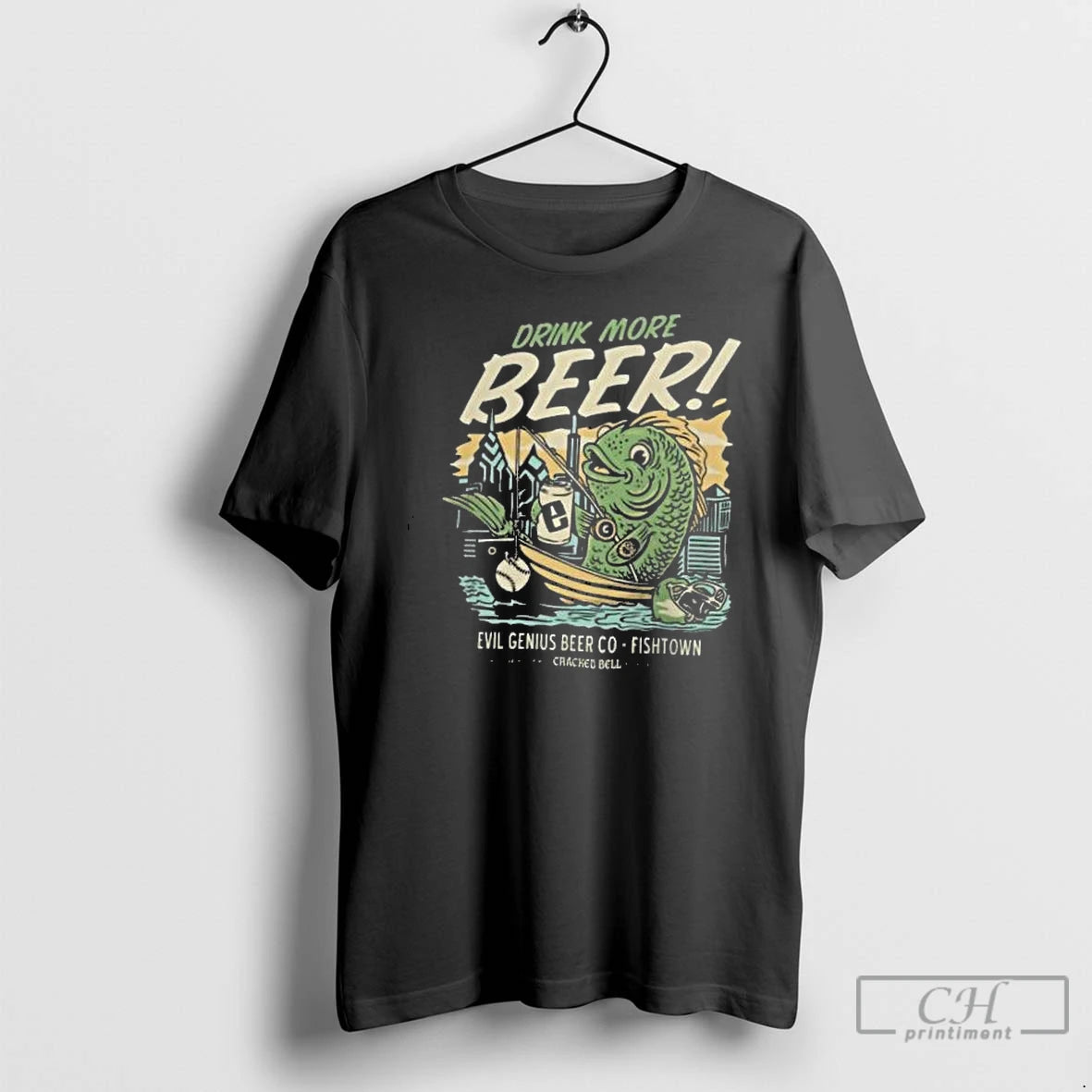 Classic Cracked Bell X Evil Genius Drink More Beer Fishing T Shirts - clothing by TeeHivey.com