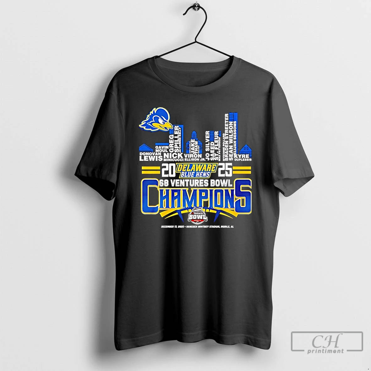 Classic Delaware Blue Hens 2025 68 Ventures Bowl Champions Player Name Skyline T Shirts Sweater - clothing by TeeHivey.com