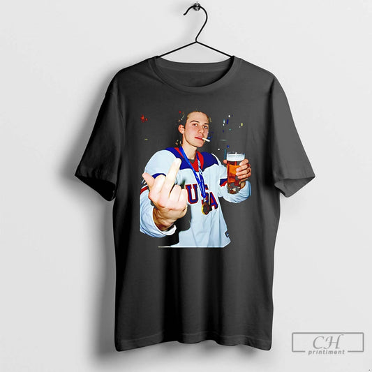 Classic Jack Hughes Middle Finger And Beer Usa Hockey Champion Gold 2026 T Shirts Sweater