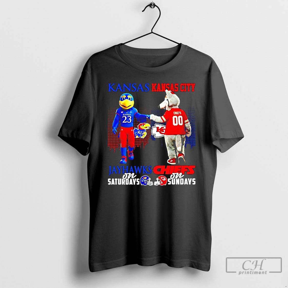 Classic Kansas Jayhawks On Saturdays Vs Kansas City Chiefs On Sundays Mascot Skyline T Shirts - clothing by TeeHivey.com