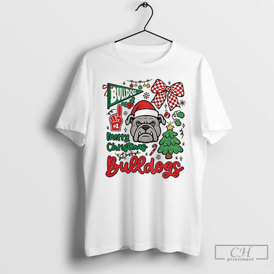 Classic Merry Christmas Georgia Bulldogs Game Day Mascot Festive Checkerboard Bow - clothing by TeeHivey.com