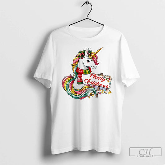 Classic Merry Christmas Rainbow Unicorn Holiday Lights White T Shirts - clothing by TeeHivey.com