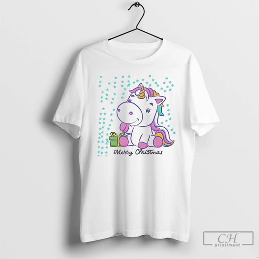 Classic Merry Christmas Unicorn Gift Box Stars White T Shirts - clothing by TeeHivey.com