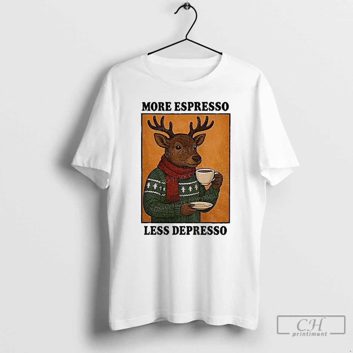 Classic Reindeer Drinking Coffee More Espresso Less Depresso Christmas T Shirts - clothing by TeeHivey.com