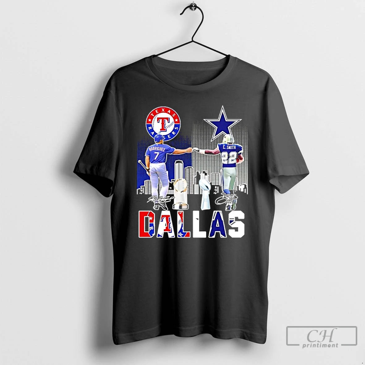 Classic Sports In Dallas Rangers Rodriguez And Cowboys E Smith Signatures - clothing by TeeHivey.com