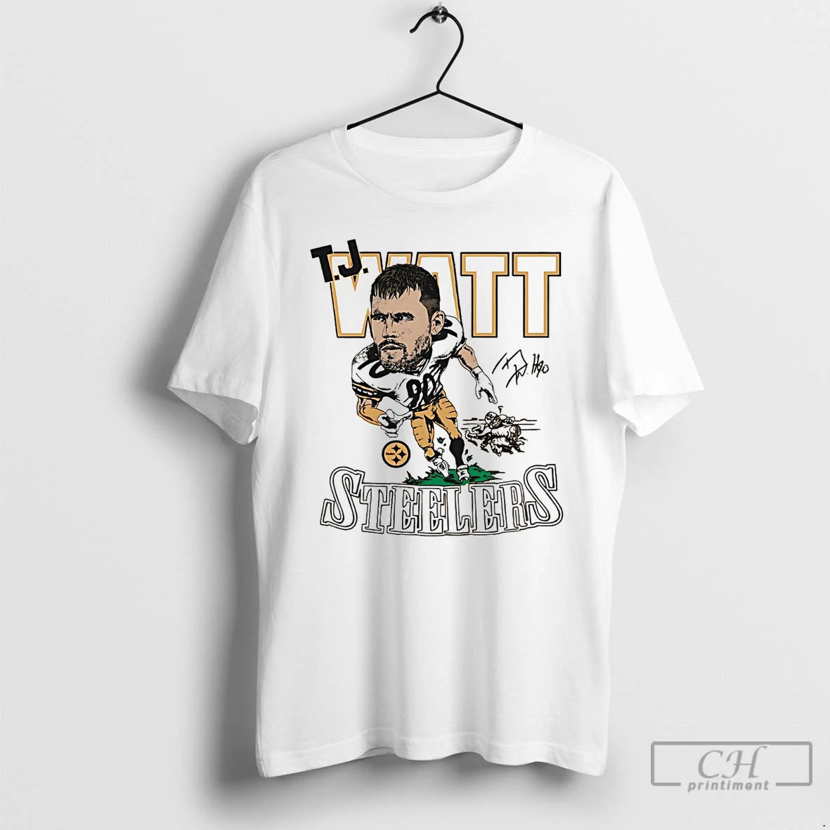 Classic T J Watt Big Head Caricature Steelers Signature T Shirts - clothing by TeeHivey.com