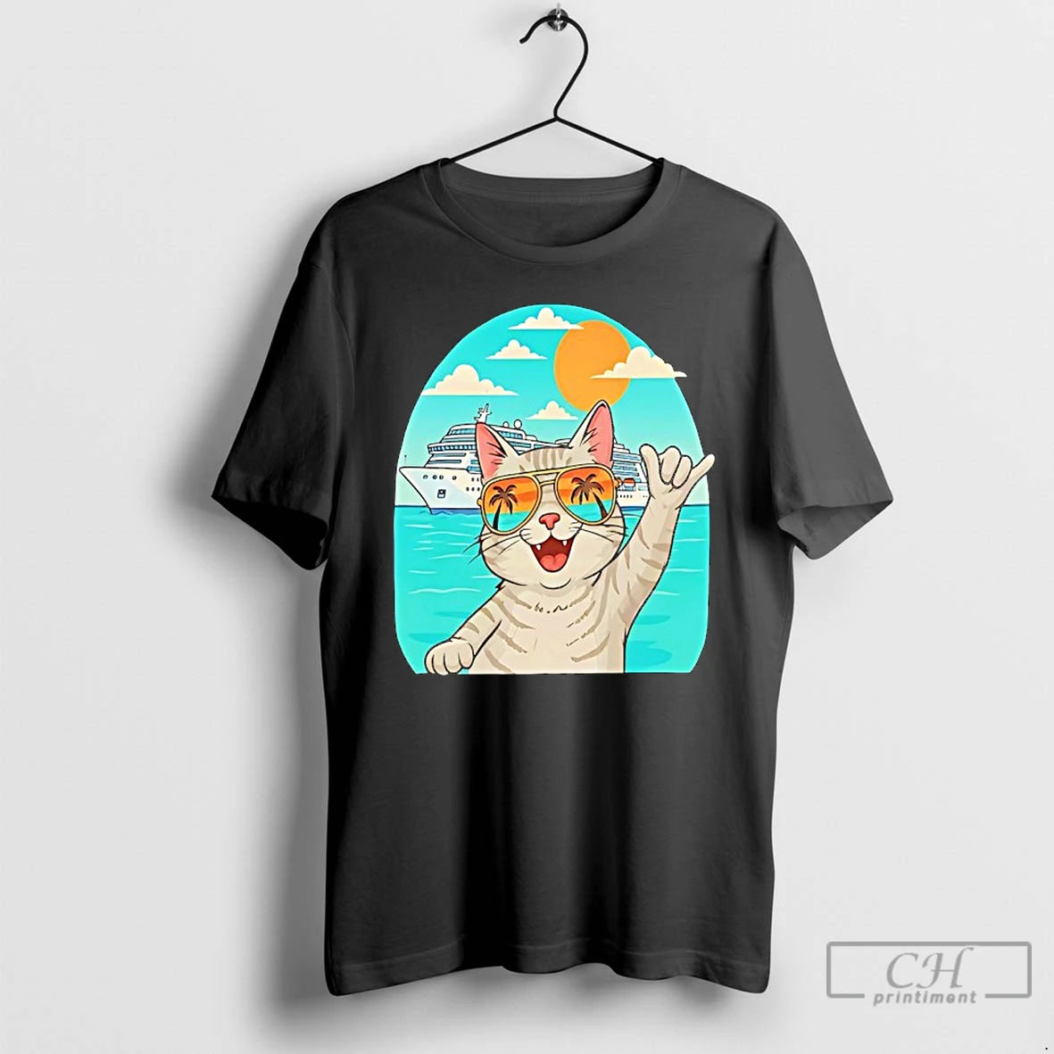 Classic Tabby Cat Wearing Sunglasses Behind Yacht Holiday Funny - clothing by TeeHivey.com