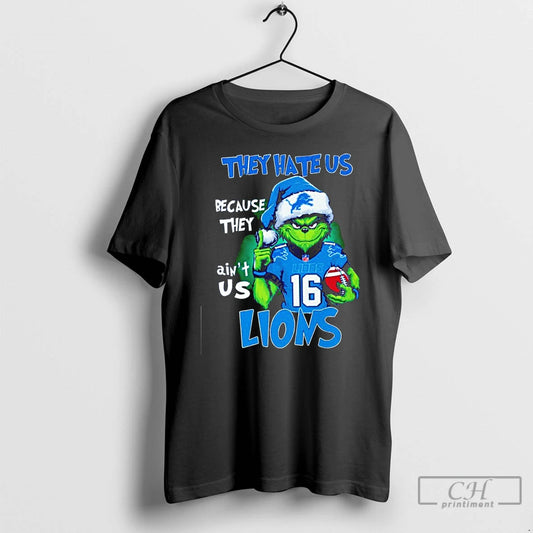 Classic The Grinch They Hate Us Because They Aint Us Detroit Lions Christmas T Shirts - clothing by TeeHivey.com