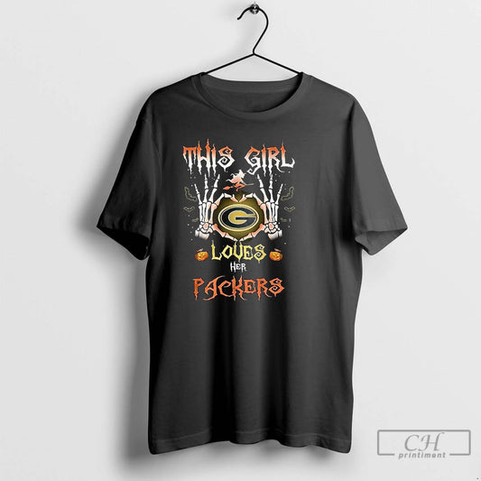 Classic This Girl Loves Her Green Bay Packers Skeleton Halloween T Shirts - clothing by TeeHivey.com