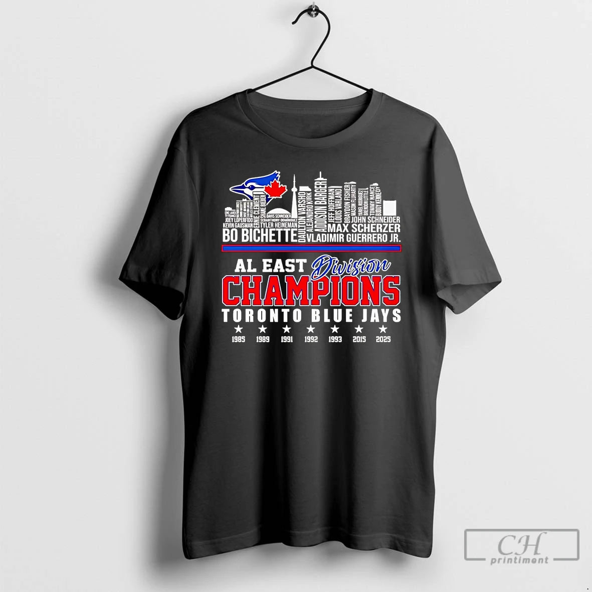 Classic Toronto Blue Jays 2025 Al East Division Champions Players Names Skyline T Shirts - clothing by TeeHivey.com