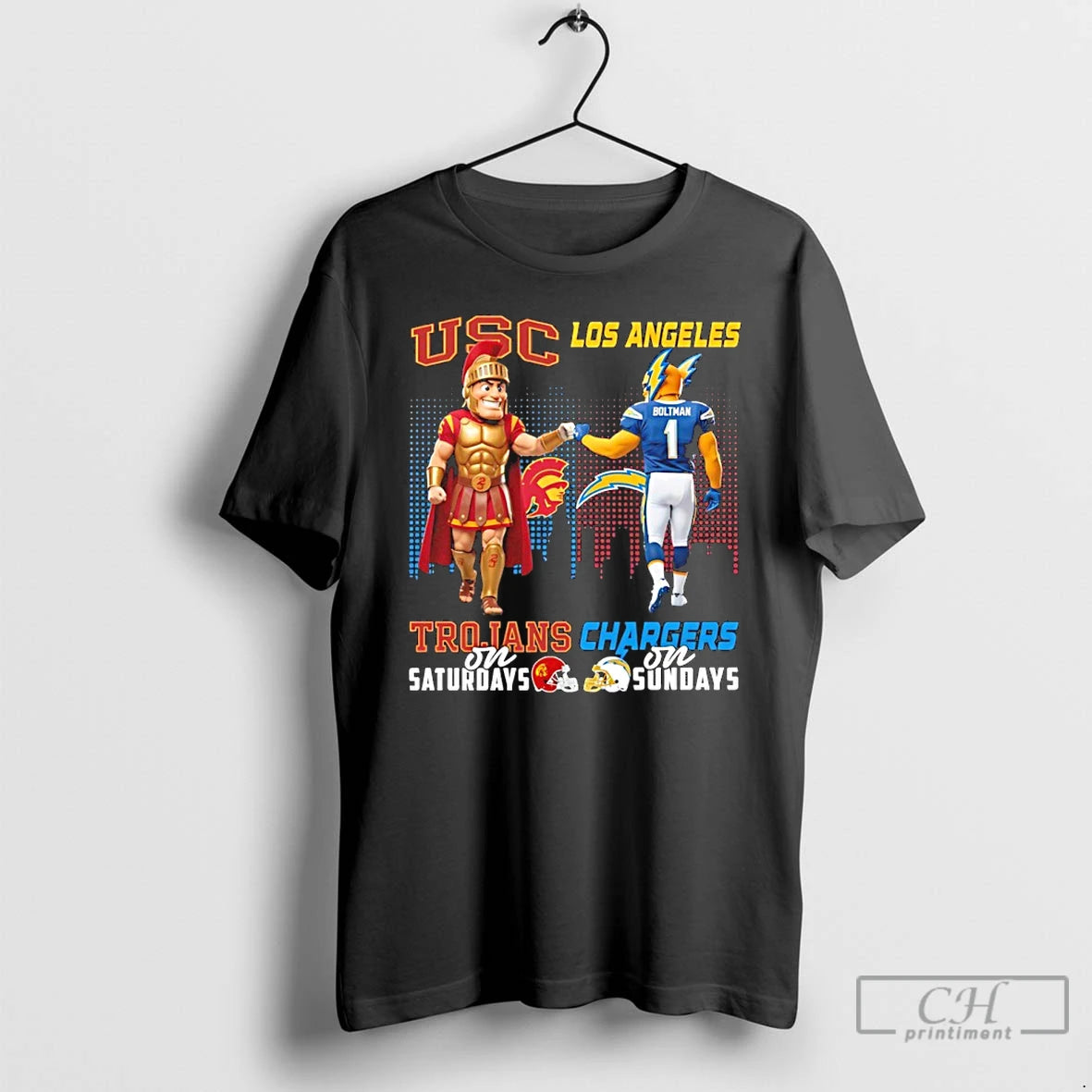 Classic Usc Trojans On Saturdays Vs Los Angeles Chargers On Sundays Mascot Skyline T Shirts - clothing by TeeHivey.com