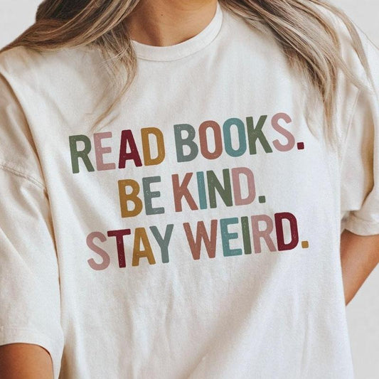 Comfort Colors Book Lovers Shirt, Read Books Be Kind Stay Weird, Minimalist Book T-shirt, Retro Book Tee, Gifts for Bookworm, Reading Teacher Shirt, Librarian T-Shirt, Women Top Casual Comfortable Breathable