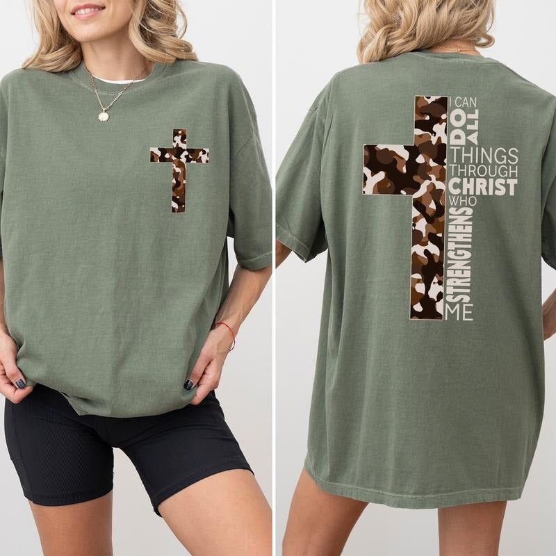 Comfort Colors Camo Christian Cross Shirt 2-Sided, I Can Do All Things Through Christ T-shirt, Unisex Hunting Tees, Bible Verse Tshirt, Jesus Apparel