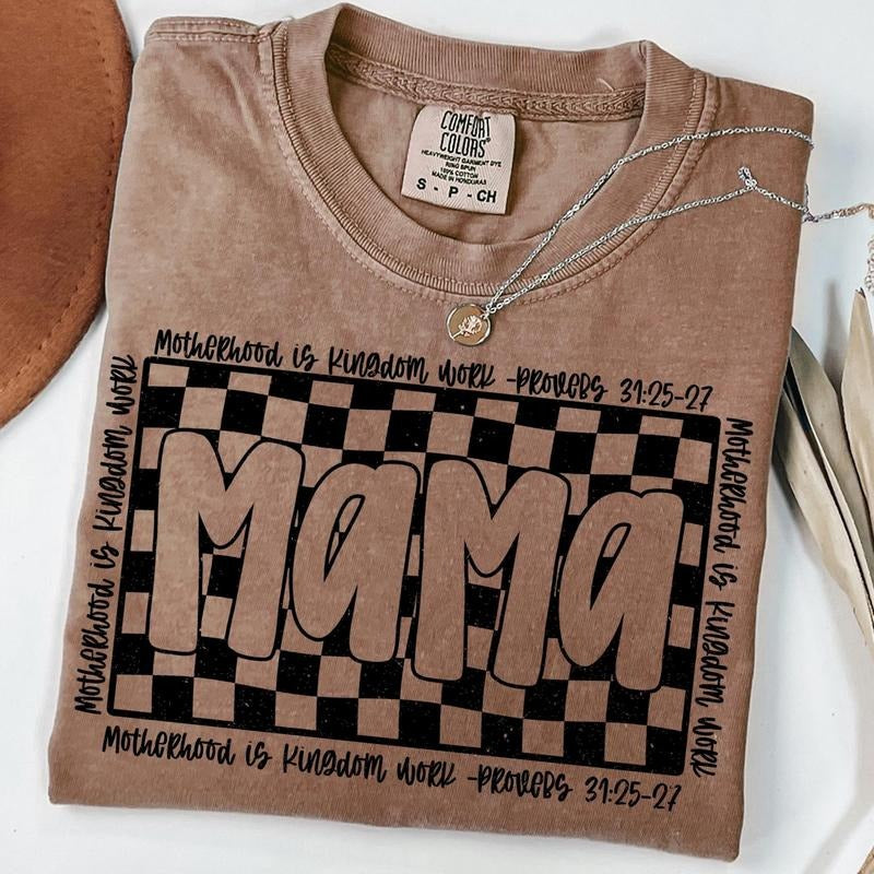 Comfort Colors Christian Mom T-shirt, Retro Checkered Motherhood is Kingdom Work T-shirt, Christian Mothers Day T-shirt