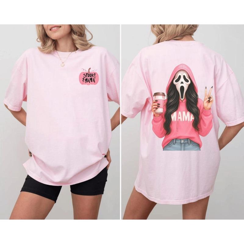 Comfort Colors Pink Spooky Mama Matching Halloween Shirt 2-Sided, Ghost Mama Crewneck, Gift for Mom, Pumpkin Mama Shirt, Fall Coffee Tee