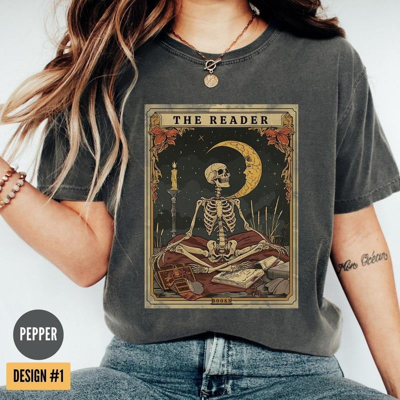 Comfort Colors The Reader Tarot Card Shirt, Skeleton Reading Shirt, Unisex Tarot Card Shirt, Book Lover Gift, Bookish Gift