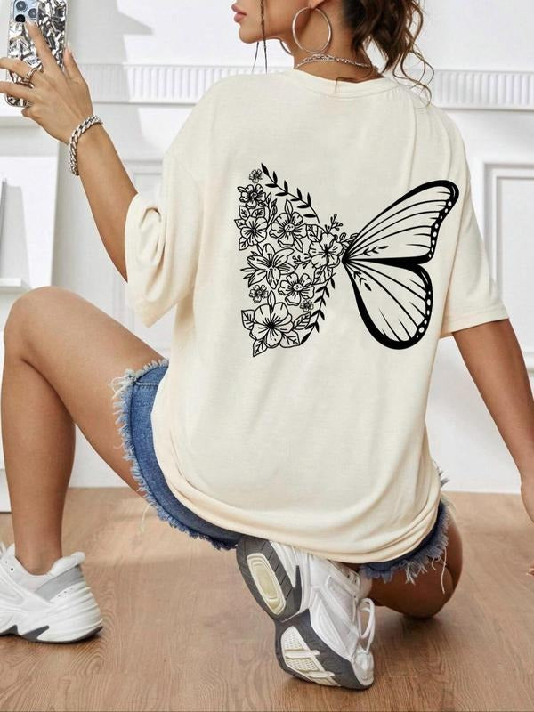 Comfort Colors Women's Butterfly Print Round Neck Drop Shoulder Tee for Summer, Casual Crew Neck, Fashion Casual T-Shirt for Daily Wear - Crewneck, Womenswear