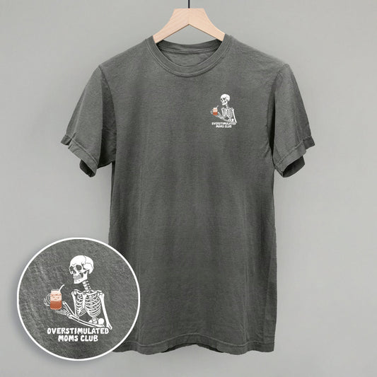 Overstimulated Moms Club (Skeleton + Coffee) (Left Chest) - clothing by TeeHivey.com (Image 1)
