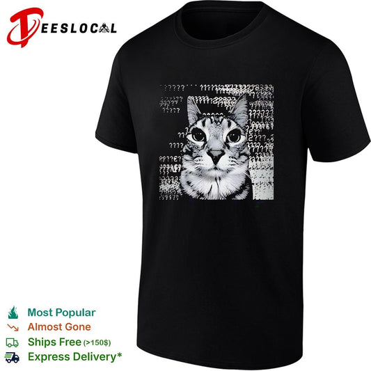 Confused tabby cat surrounded by question marks meme shirt