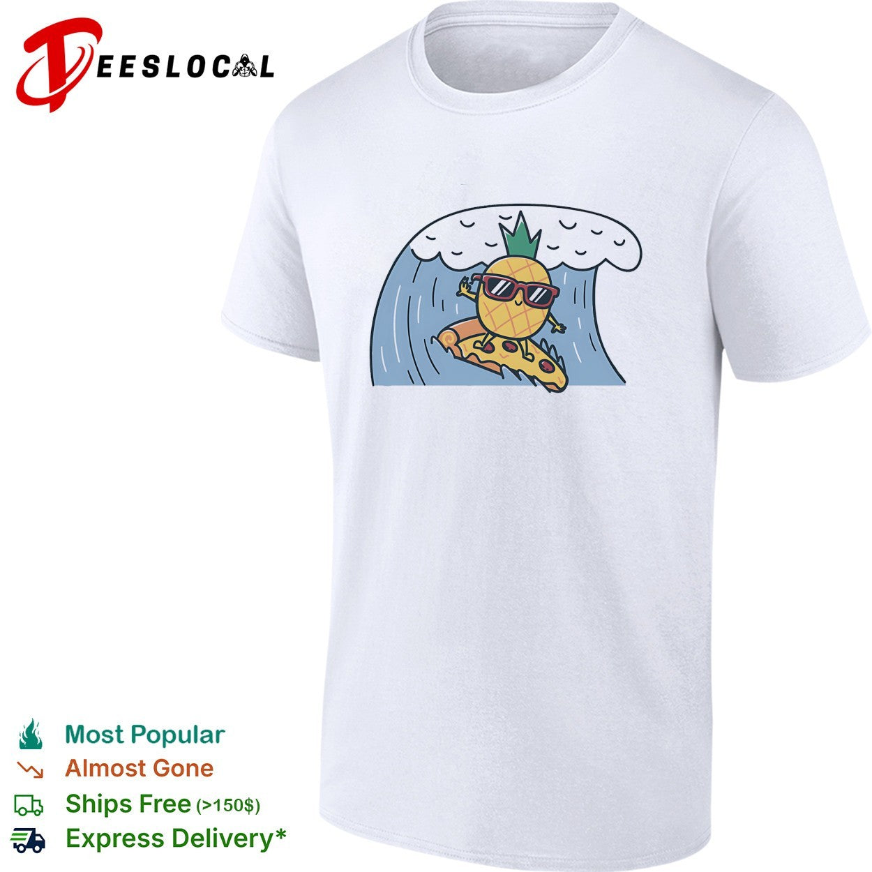 Cool pineapple wearing sunglasses surfing on pizza slice ocean wave cartoon shirt