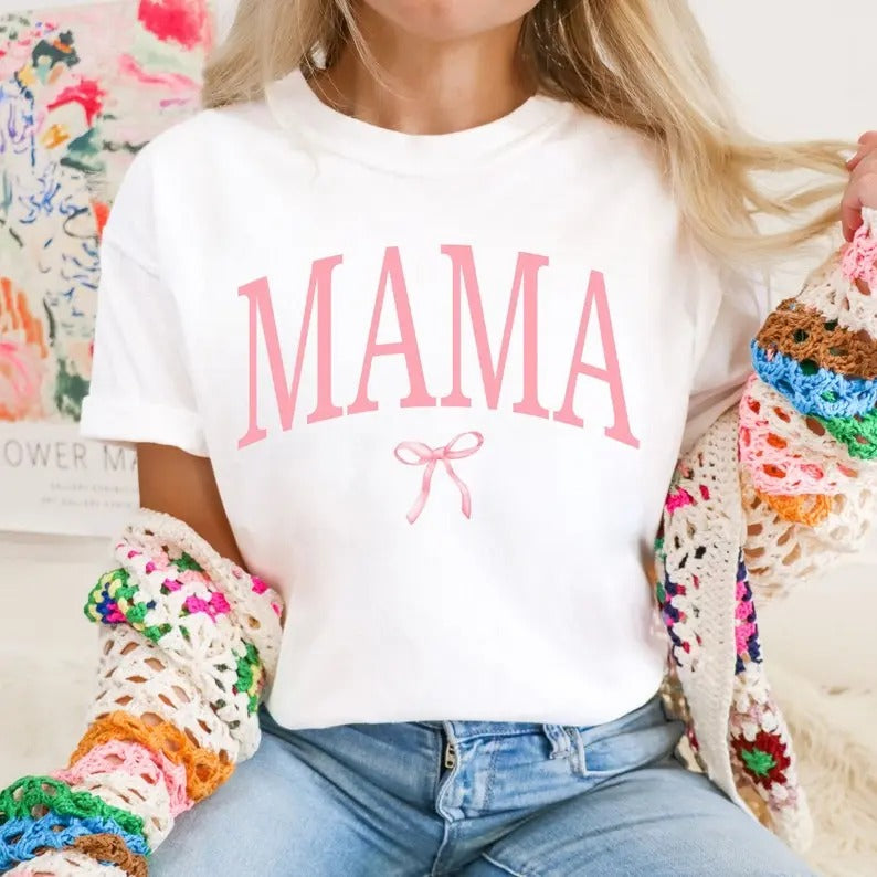 Coquette Mama Tshirt, Coquette Bow T-shirt for Mom, Mothers Day Gift, Girly Mama Outfit, Baby Shower Gift for Expecting Top Womenswear