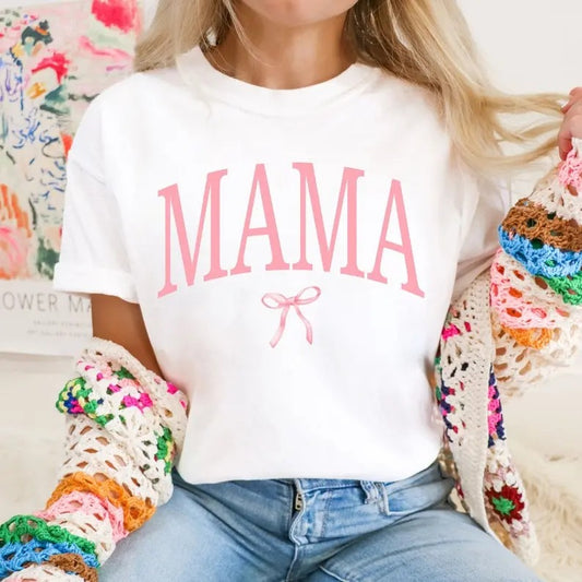 Coquette Mama Tshirt, Coquette Bow T-shirt for Mom, Mothers Day Gift, Girly Mama Outfit, Baby Shower Gift for Expecting Top Womenswear
