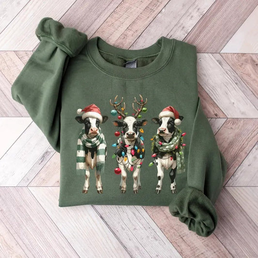 Cow Christmas Sweatshirt, Christmas Cow Sweater, Christmas Lights Shirt, Farm Christmas Shirt, Cow Lover Shirt, Xmas...