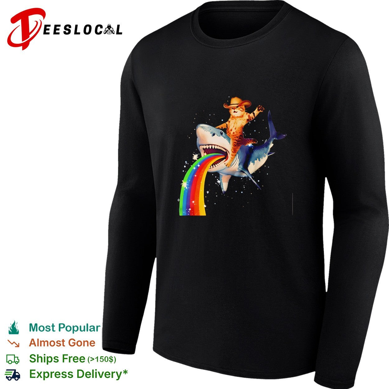 Cowboy cat riding a shark rainbow funny shirt