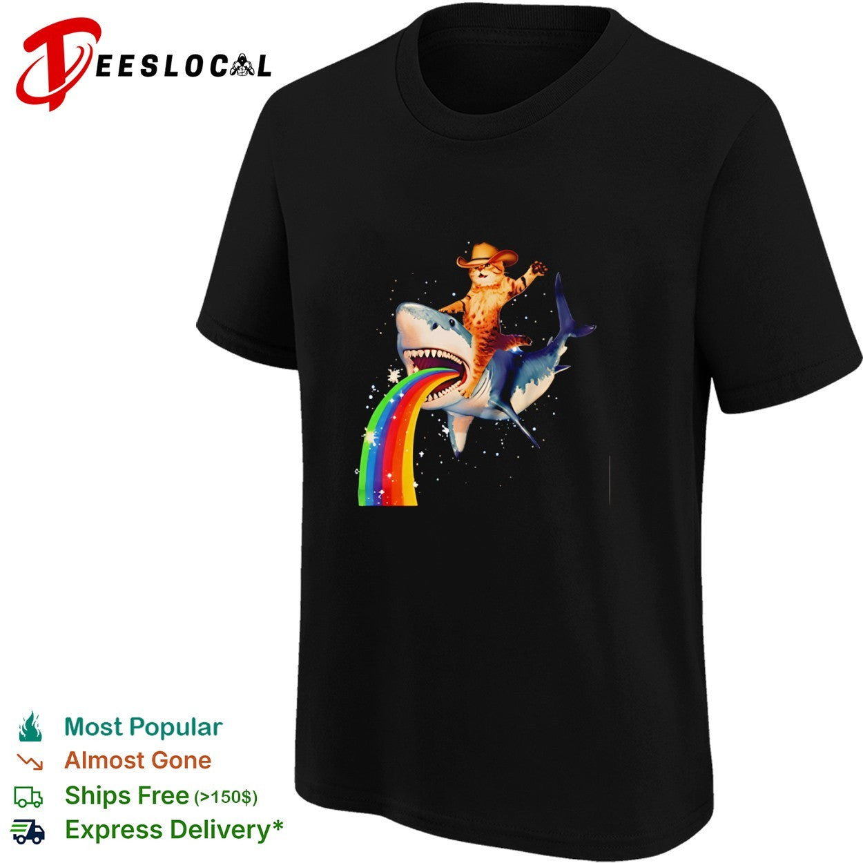 Cowboy cat riding a shark rainbow funny shirt