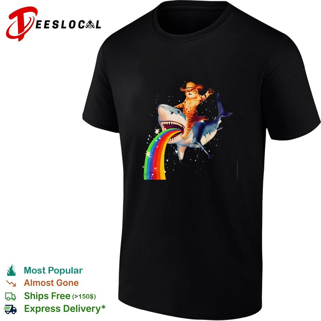 Cowboy cat riding a shark rainbow funny shirt