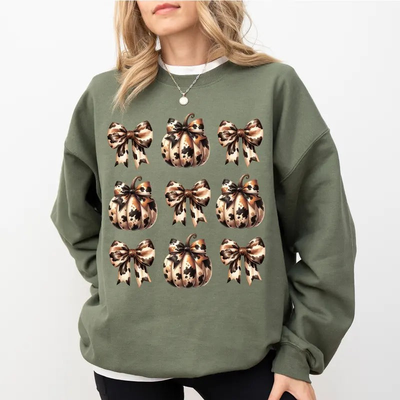 Cowhide Coquette Autumn Sweatshirt, Cowhide Coquette Pumpkin Sweater, Fall Season Apparel, Coquette Western Fall...