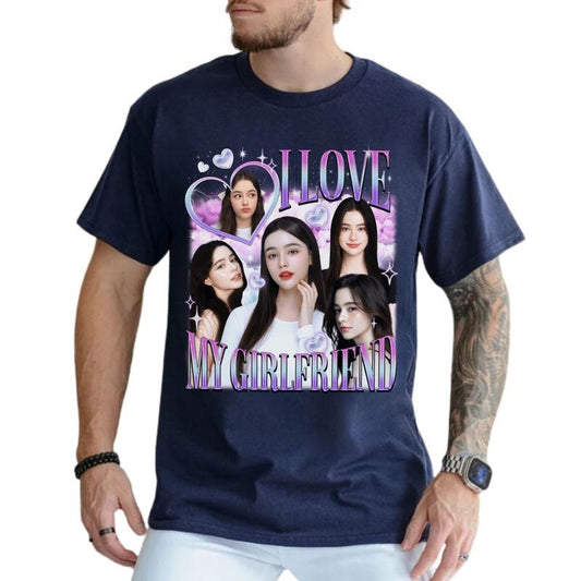 Custom Photo I Love My Girlfriend T-shirt, Vintage Bootleg Rap Tee, I Love My Gf Shirt, Valentine's Day Gift for Boyfriend, Cotton Fabric Tops for Him