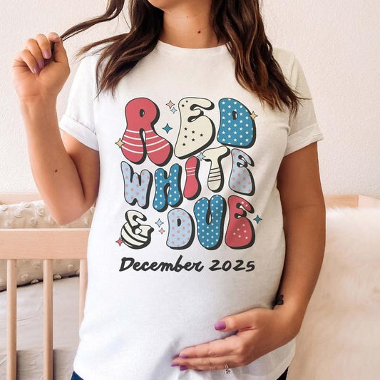 Custom Red White and Due 4th of July Pregnancy Announcement Shirts Matching Fourth of July Gender Reveal Tees...