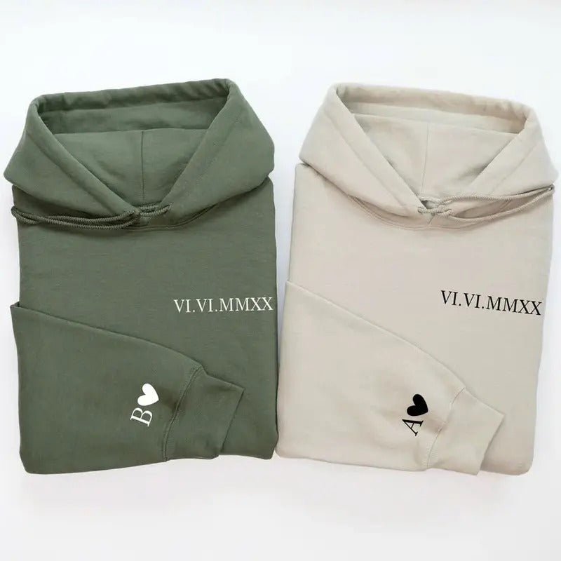 Custom Roman Numeral Hoodie or Sweatshirt Couples Gift Personalized Date Initial On Sleeve Engagements Anniversaries Bachelorette's Wedding Menswear Tops