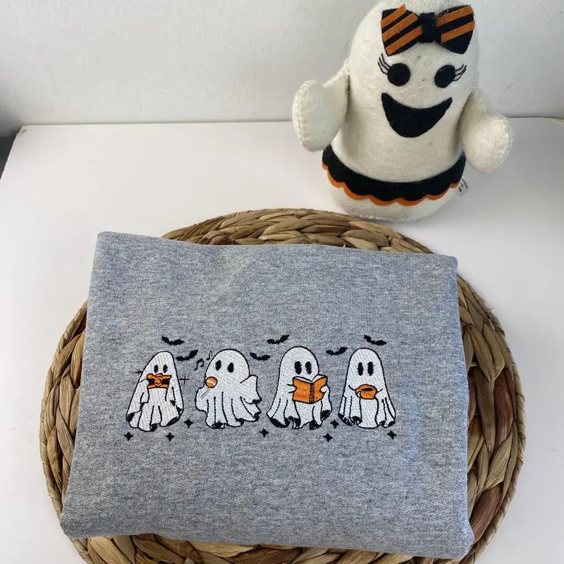 Cute And Scary Embroidered Sweatshirt - Embroidered Ghost Sweatshirt - Halloween Embroidered Sweatshirt - Halloween Gift