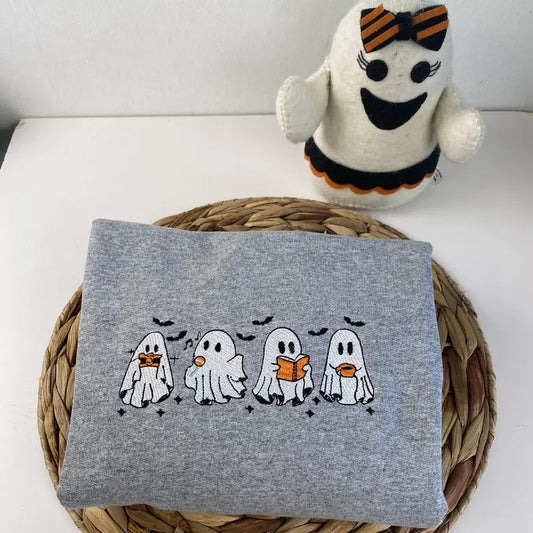 Cute And Scary Embroidered Sweatshirt - Embroidered Ghost Sweatshirt - Halloween Embroidered Sweatshirt - Halloween Gift