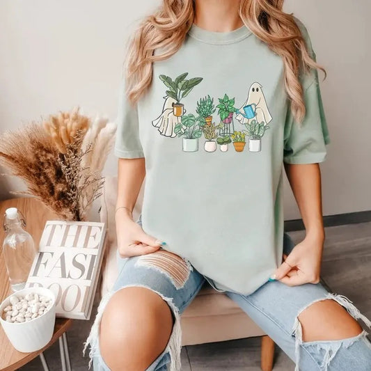 Cute Ghost Shirt, Halloween Plant Shirt, Halloween Mom Shirt, Ghost T-Shirt, Plant Lover Gift, Funny Halloween Top Womenswear Underwear Lady