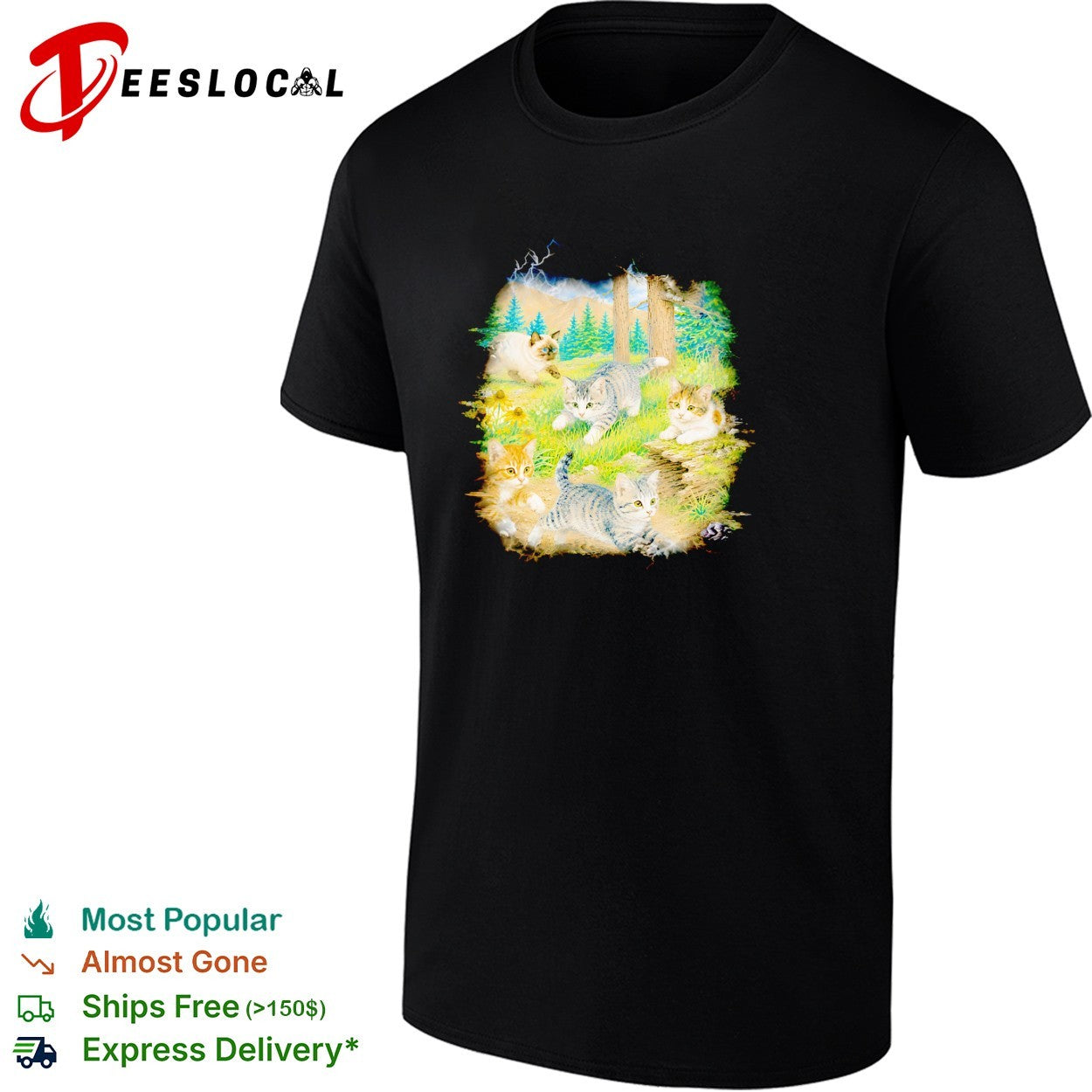Cute kittens playing in forest meadow nature vintage photo shirt