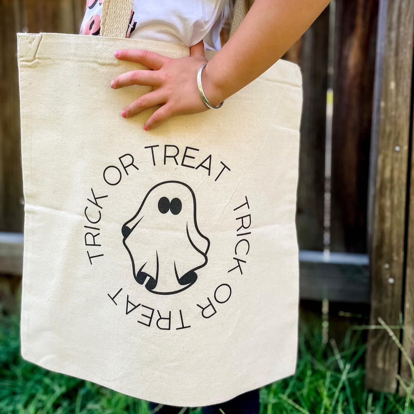 Trick Or Treat Circle Ghost Tote Bag - clothing by TeeHivey.com (Image 1)