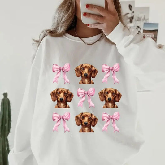 Dachsund with bows Sweatshirt ~ Sweatshirt Unisex Apparel Relaxed Fit Printed in the USA Clothing Womenswear Casual and Comfortable