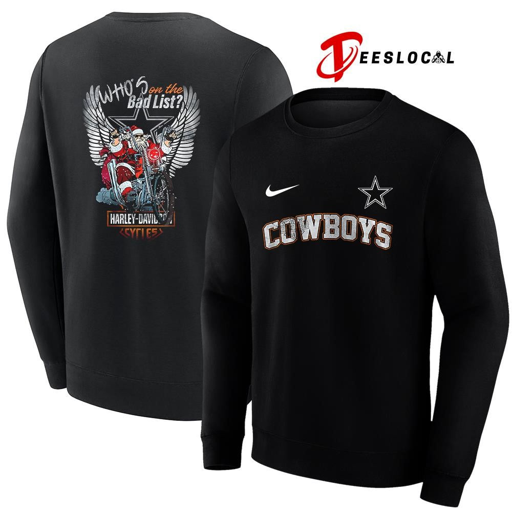 Dallas Cowboys x Harley Davidson Santa Claus who’s on the bad list graphic shirt