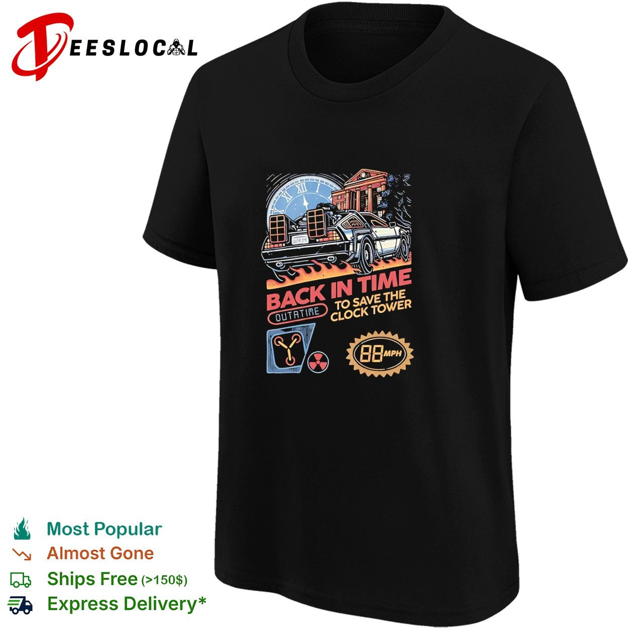 DeLorean car back in time to save the clock tower shirt