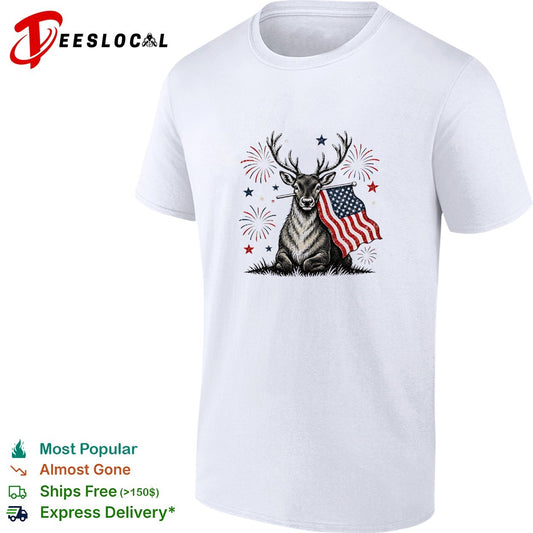 Deer holding USA flag fireworks 4th of July patriotic shirt
