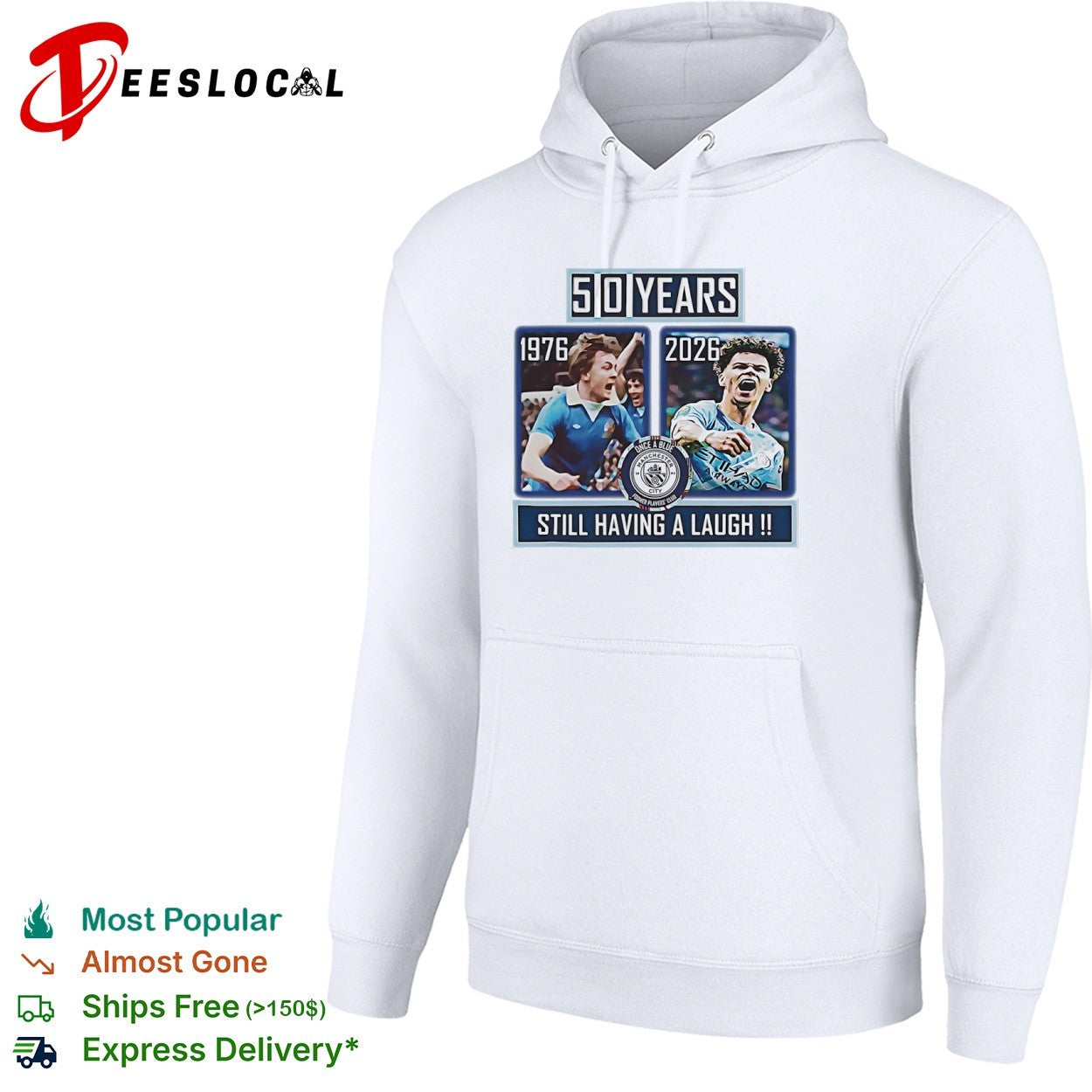 Dennis Tueart and Rico Lewis Manchester City 50 Years Still Having a Laugh shirt