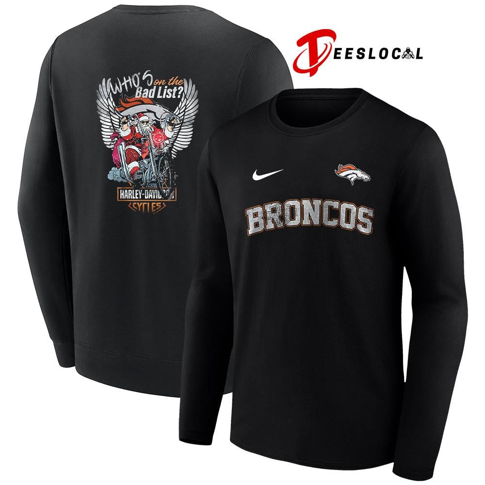Denver Broncos x Harley Davidson Santa Claus who’s on the bad list graphic shirt