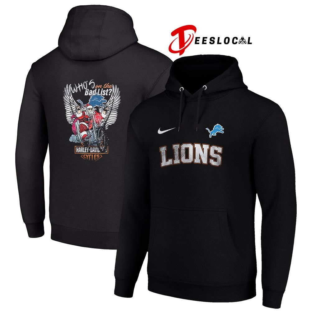 Detroit Lions x Harley Davidson Santa Claus who’s on the bad list graphic shirt